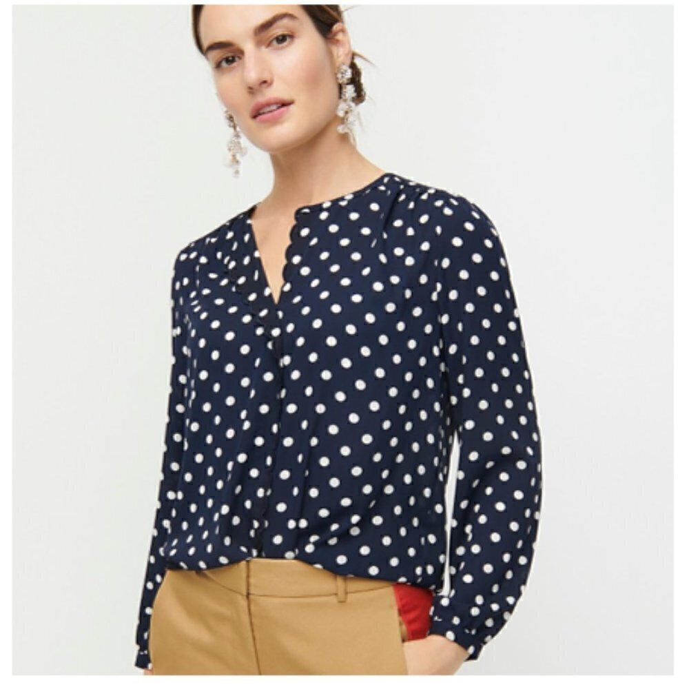 J. Crew Navy Polka Dot Long Sleeve Drapey Scalloped Blouse Size XS